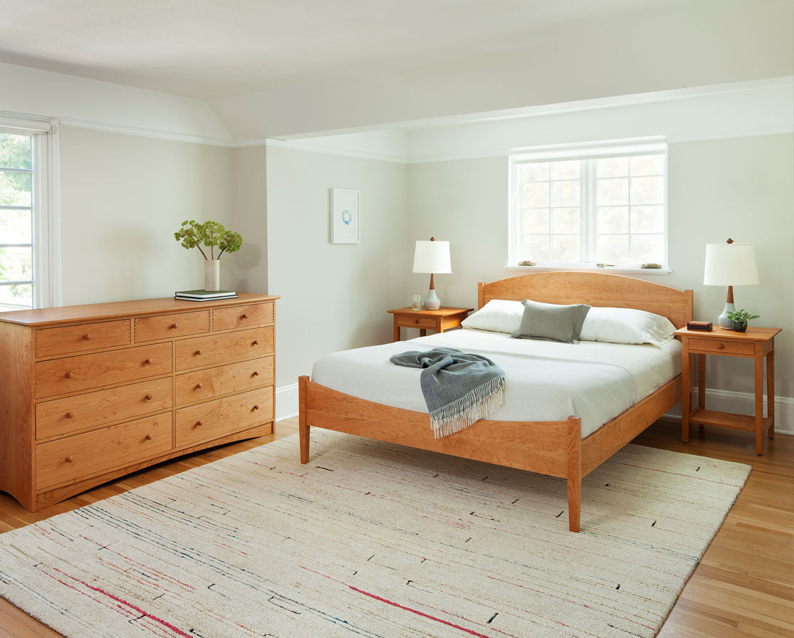 Shaker Nightstand in Cherry with Classic Shaker Bed and Joinery 9-Drawer Dresser