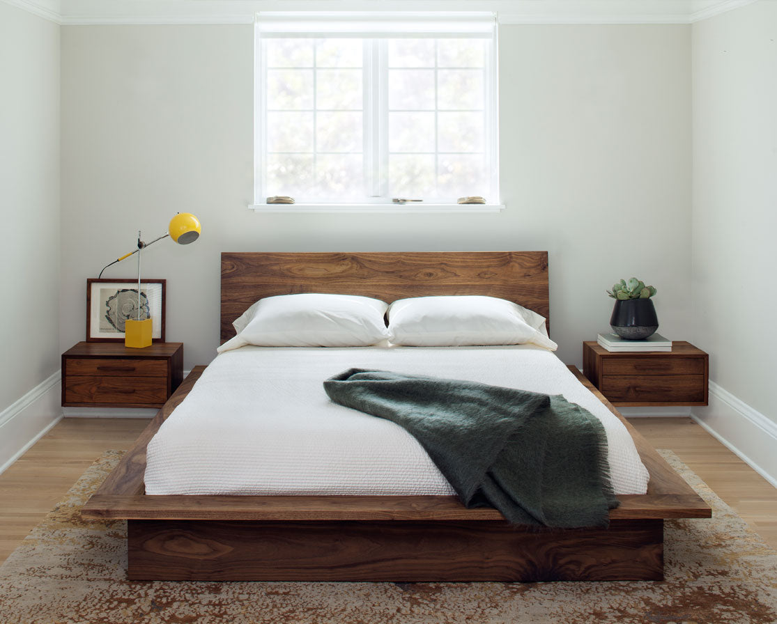 Nehalem Solid Wood Platform Bed in Eastern Walnut with Wall Hung Nightstands