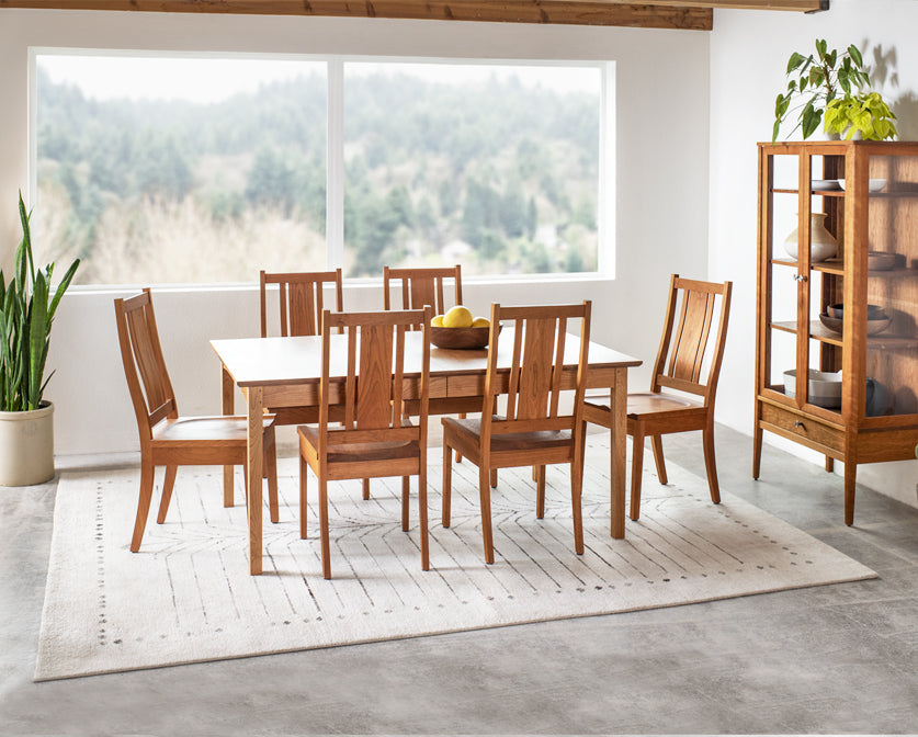 Kenton dining chairs with wood seat in Cherry with Shaker dining table and Whitman Curio
