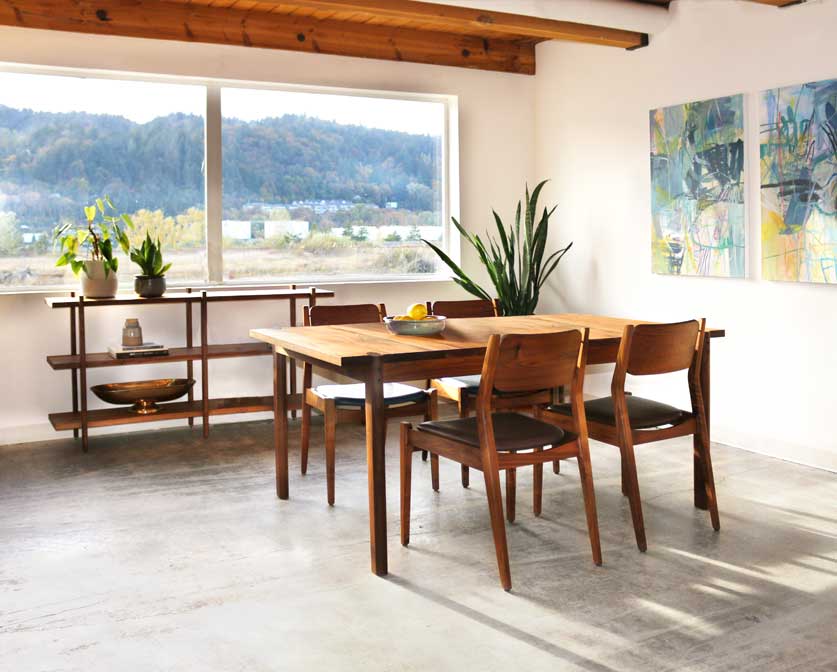 Sebastian Bookcase in Eastern Walnut with Sebastian Dining Table