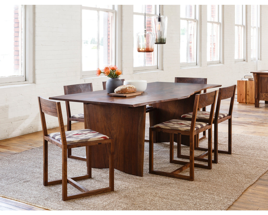 Celilo Dining Chair in Western Walnut with COM Fabric w/ Live Edge Dining Table