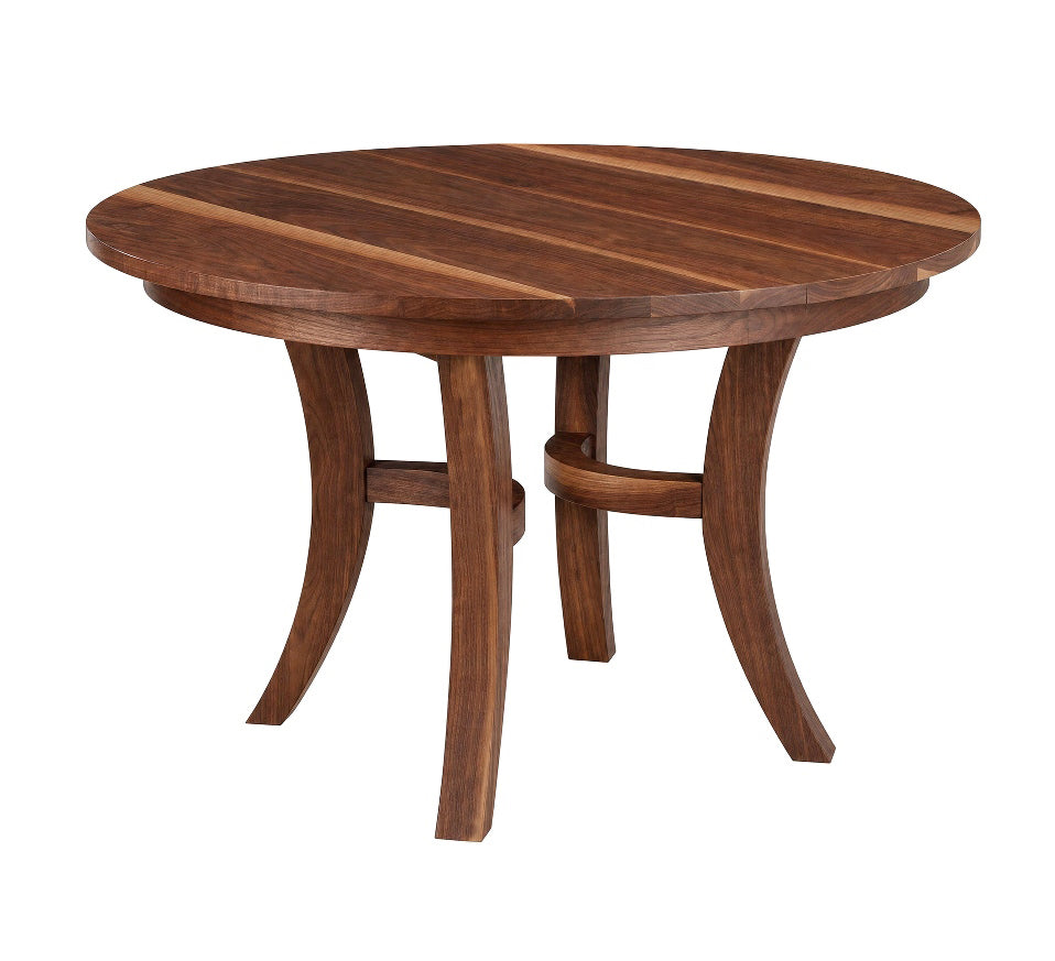 A round wooden dining table with a rich dark brown and medium brown striped wood grain finish, featuring curved legs and a central stretcher, shown on a solid white background.