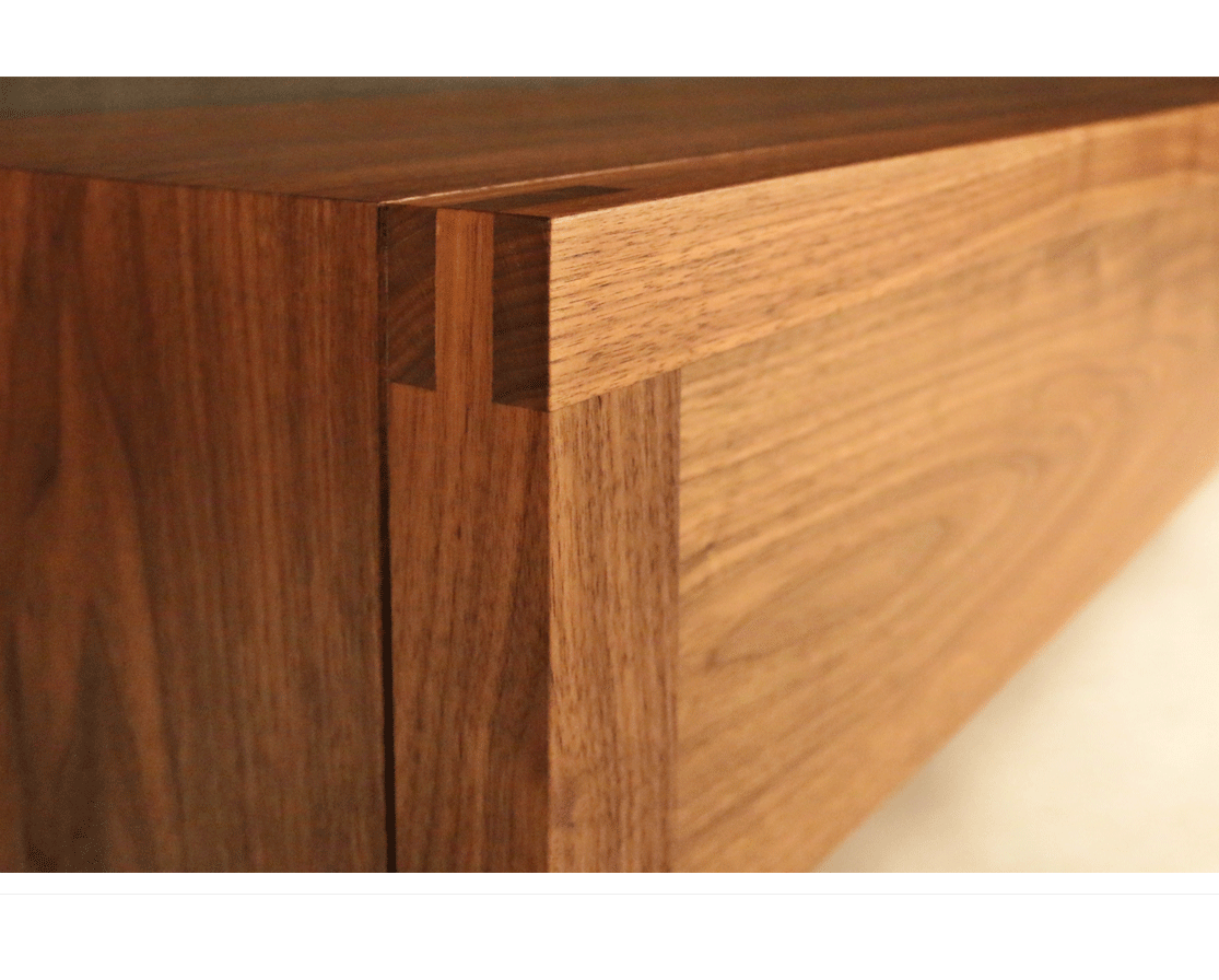 Bridle Joint detail of Celilo Media Console in Eastern Walnut