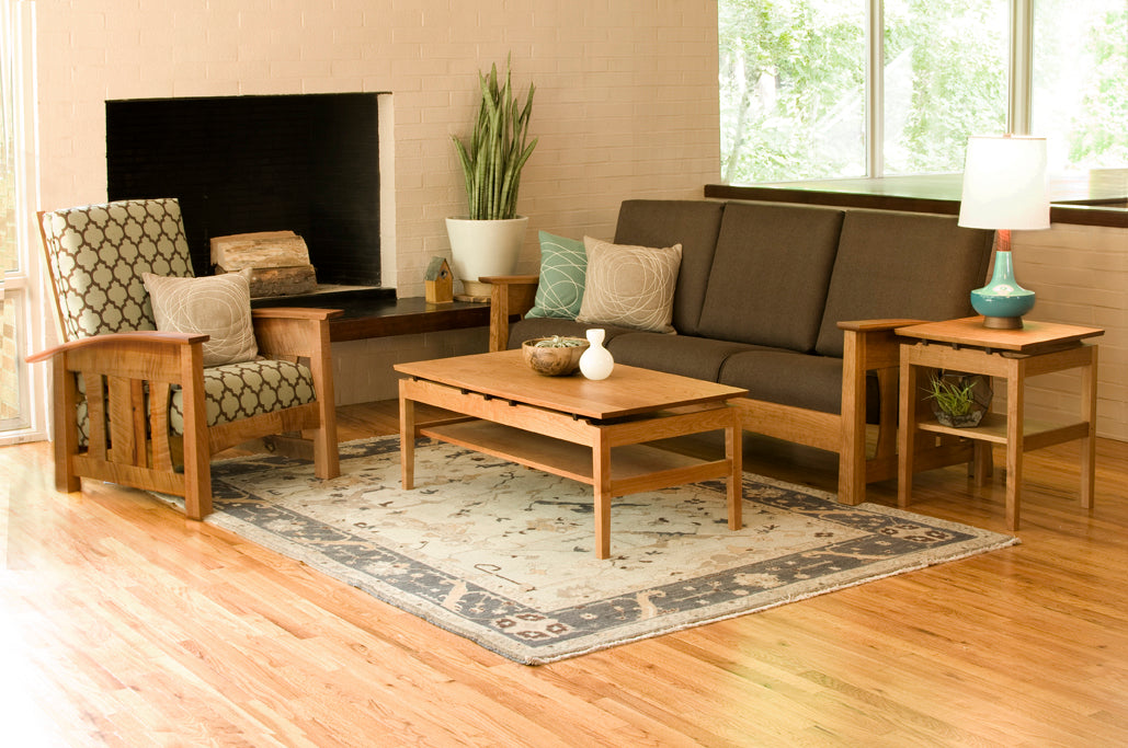 Pacific Chair in Madrone with Cherry Pacific Sofa and Hochberg occasional tables