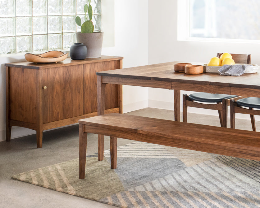 Whitman Sideboard in Eastern Walnut and satin brass knobs. Shown with Whitman dining table and Whitman bench