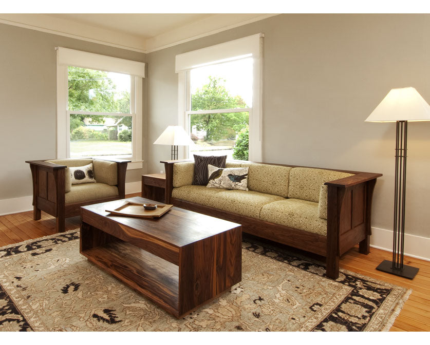Modern Coffee Table in Eastern Walnut shown with Settle Sofa