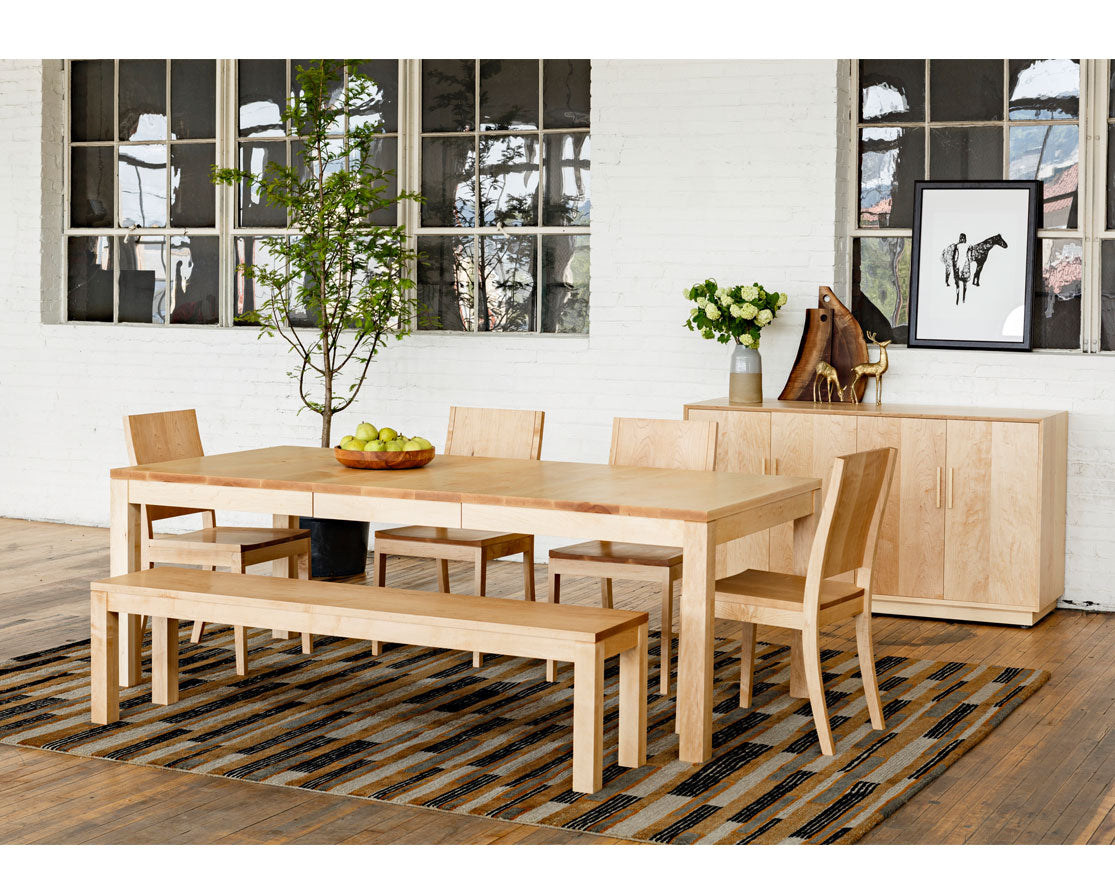 Modern Sideboard with Studio Dining Table, Dining Chairs, and Bench in Maple