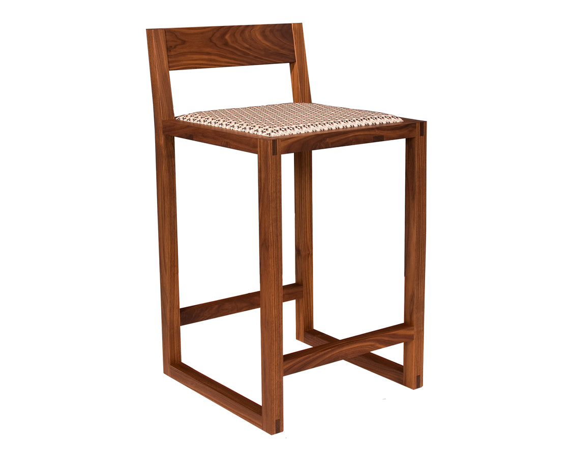 Celilo Stool in Eastern Walnut with Motivation Prussian Fabric, Counter Height