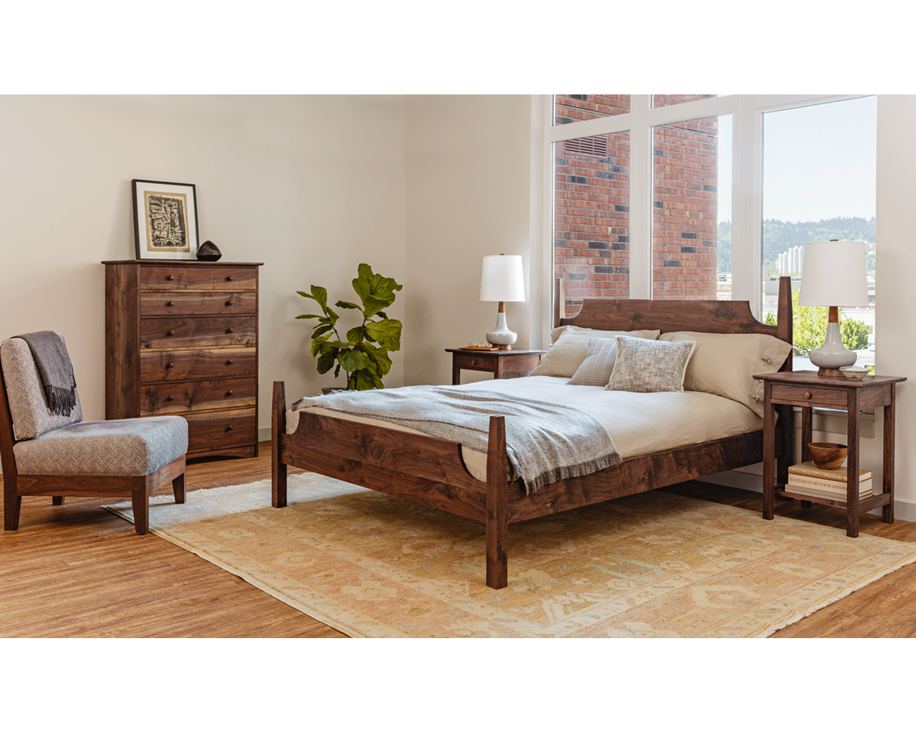 Joinery Tall 6-Drawer dresser in Western Walnut without thru joints on top drawers. Featured with Arts and Crafts Bed, Shaker Nighstand, and Slipper Chair
