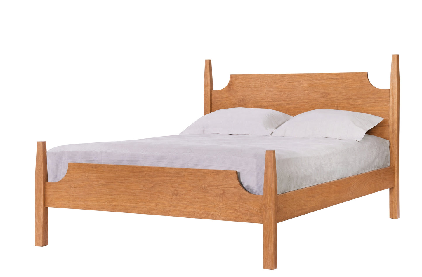 A light Cherry wood bed frame with a matching headboard and footboard, styled with white bedding and two pillows, isolated on a white background.