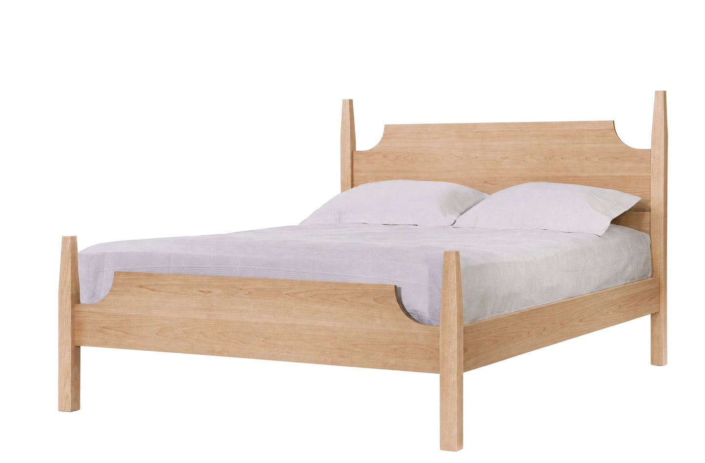A light Maple wood bed frame with a matching headboard and footboard, styled with white bedding and two pillows, isolated on a white background.