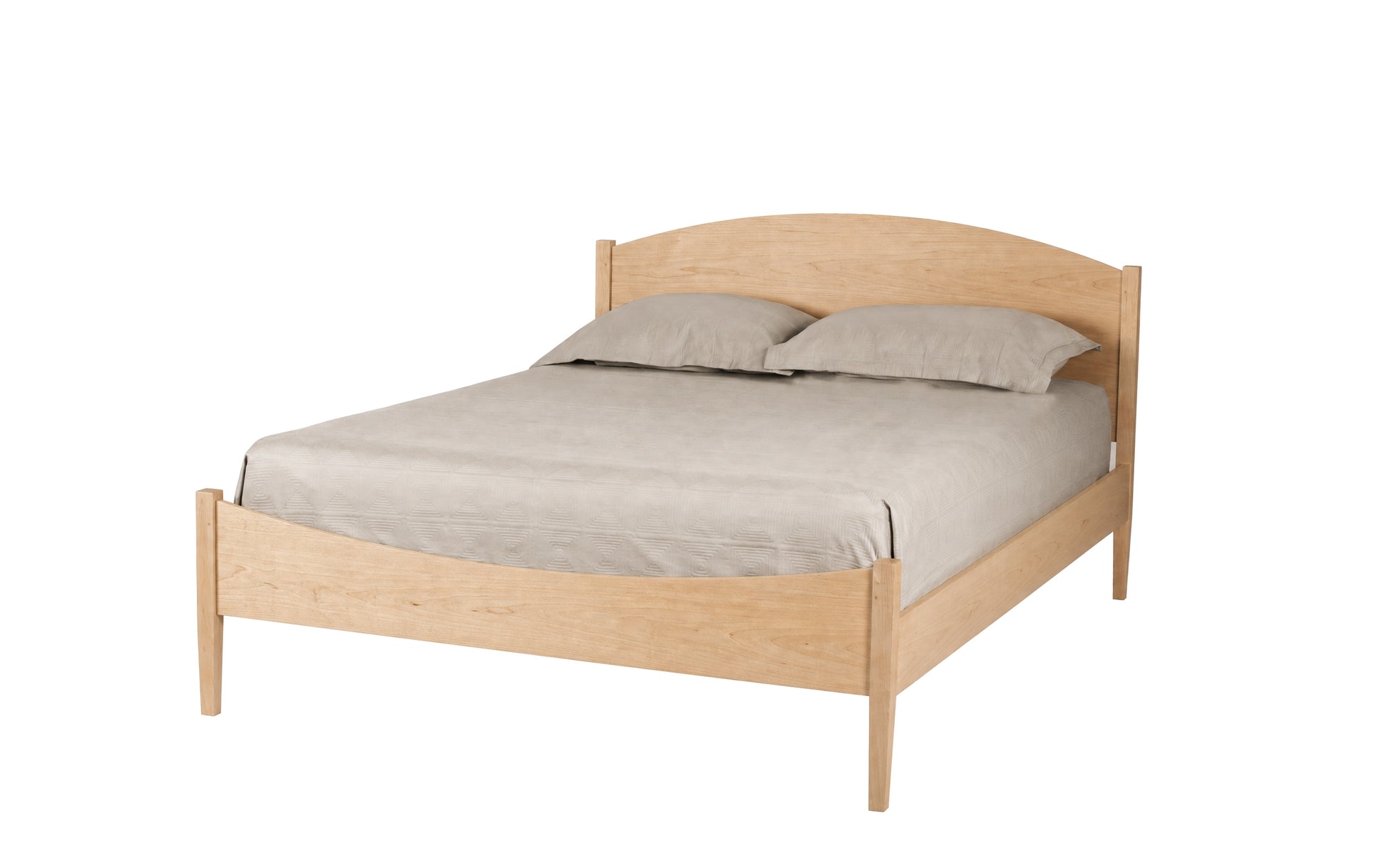 A light natural wood platform bed frame with a curved headboard and footboard, shown with beige bedding and two pillows on a solid white background.