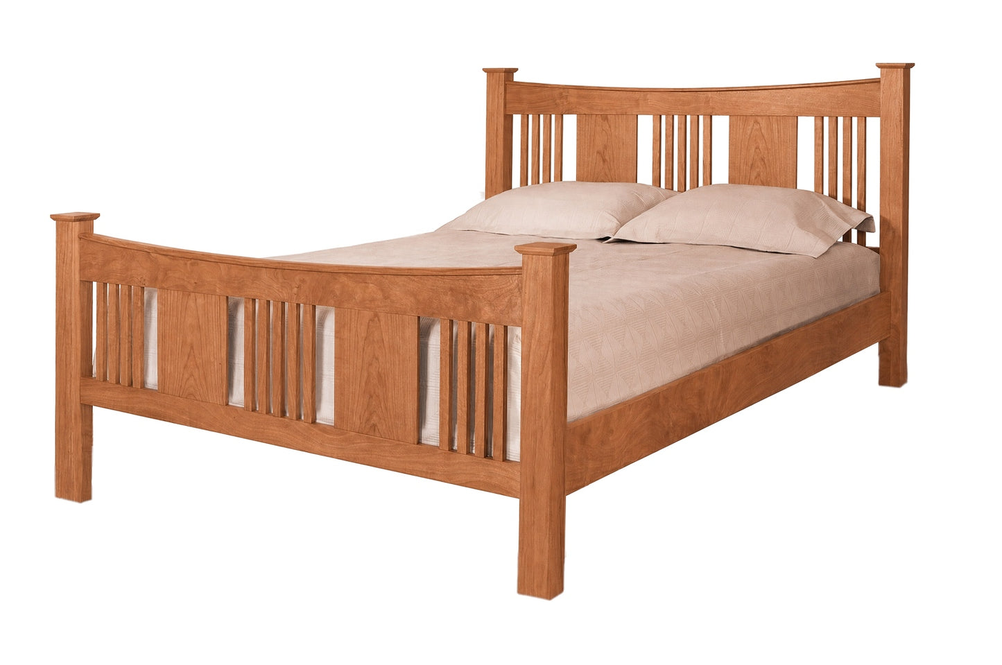 A traditional bed with slats and panels made with Cherry wood frame and headboard, dressed in white bedding and two white pillows, shown against a plain white background.