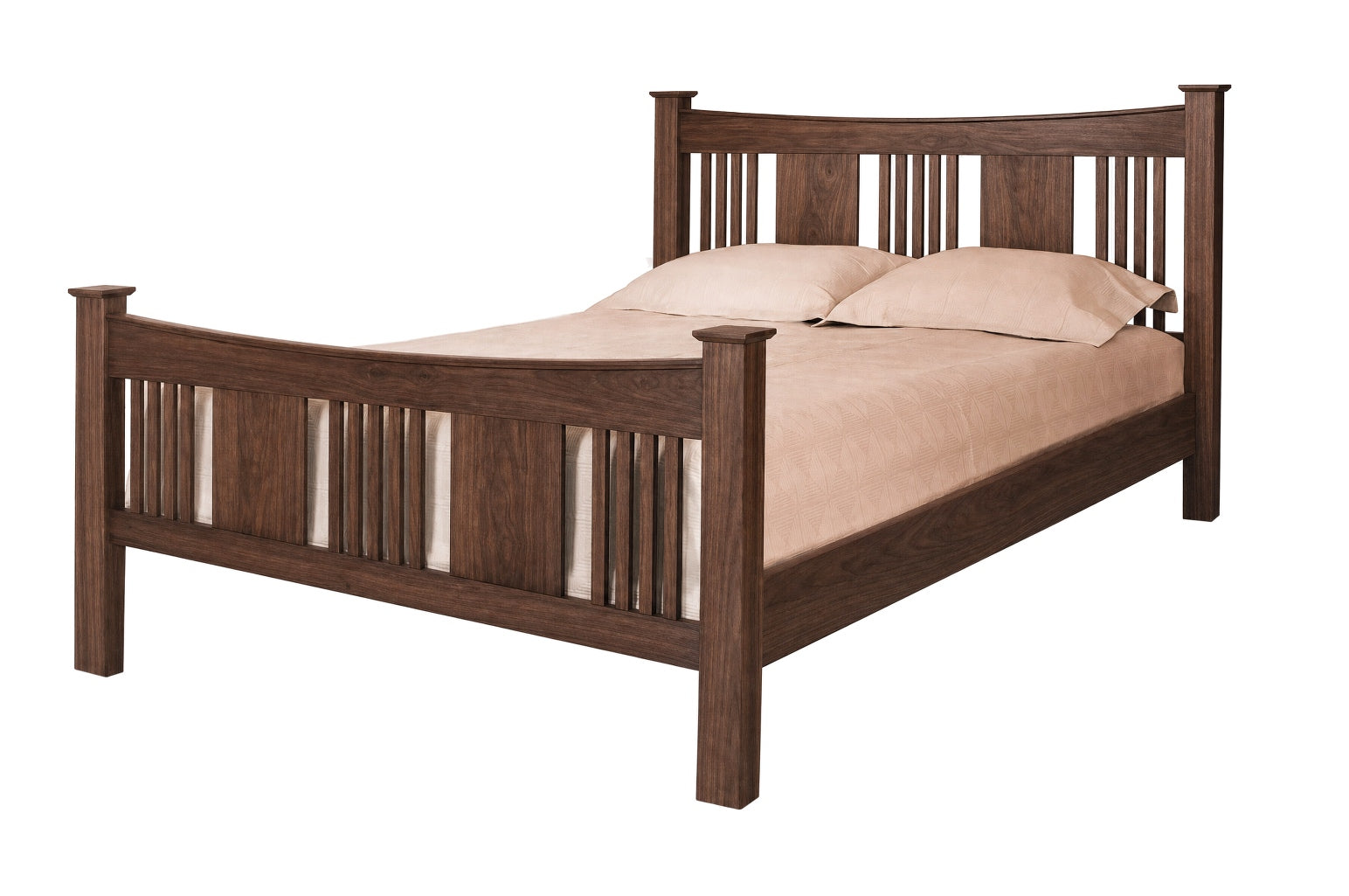 A traditional bed with slats and panels made with dark Walnut wood frame and headboard, dressed in white bedding and two white pillows, shown against a plain white background.