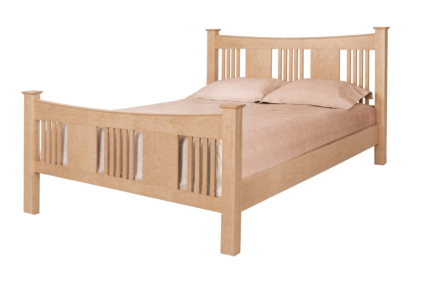 A traditional bed with slats and panels made with light Maple wood frame and headboard, dressed in white bedding and two white pillows, shown against a plain white background.