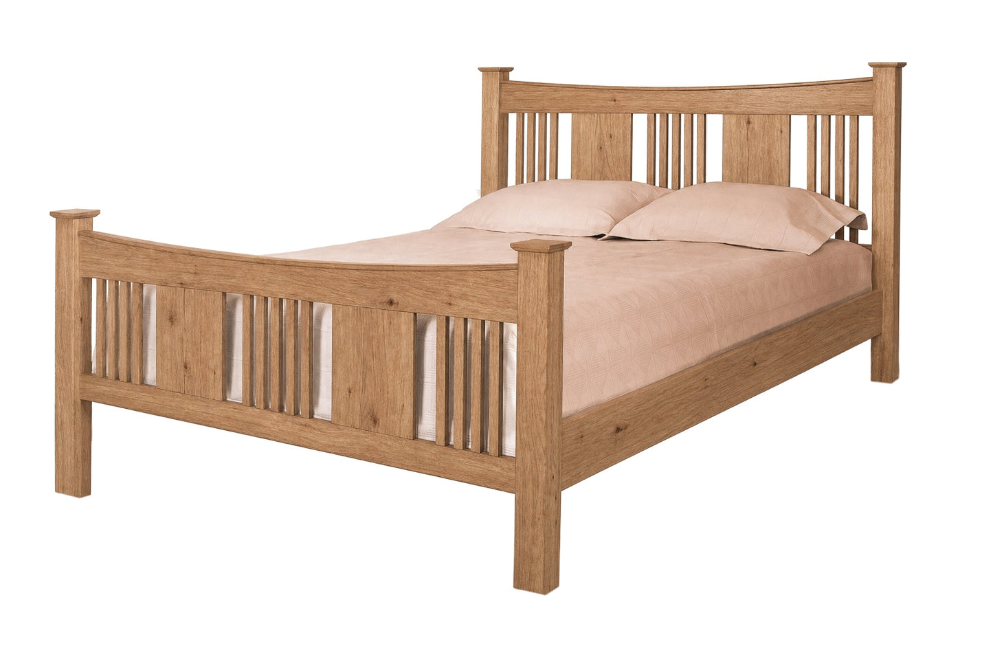 A traditional bed with slats and panels made with light Oak wood frame and headboard, dressed in white bedding and two white pillows, shown against a plain white background.