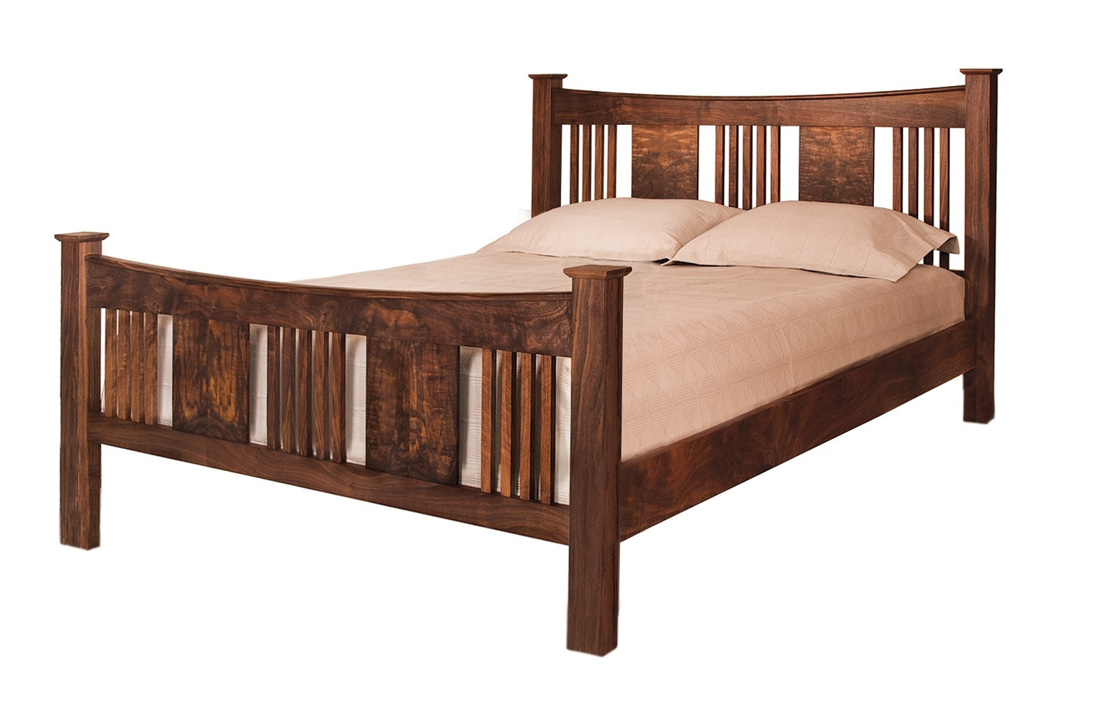 A traditional bed with slats and panels made with dark Walnut wood frame and headboard, dressed in white bedding and two white pillows, shown against a plain white background.