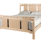 An Asian inspired bed with a Maplewood frame and headboard, dressed in white bedding and two white pillows, shown against a plain white background.