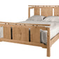 An Asian inspired bed with an Oak wood frame and headboard, dressed in white bedding and two white pillows, shown against a plain white background.
