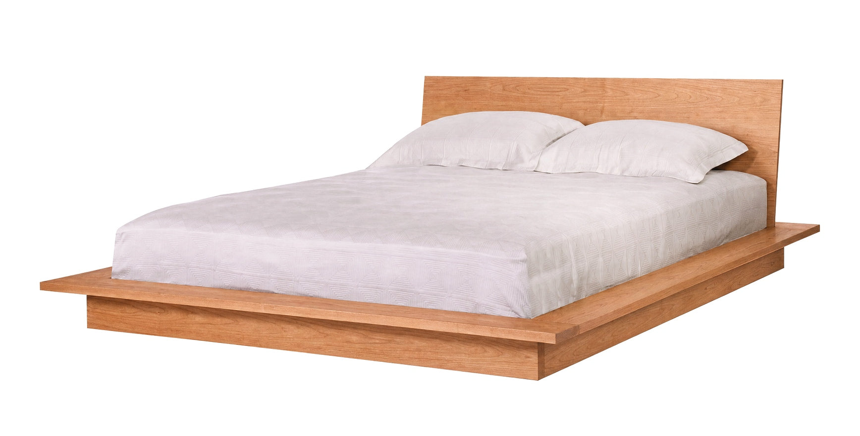 A modern platform bed with a light Cherry wood frame and headboard, dressed in white bedding and two white pillows, shown against a plain white background.