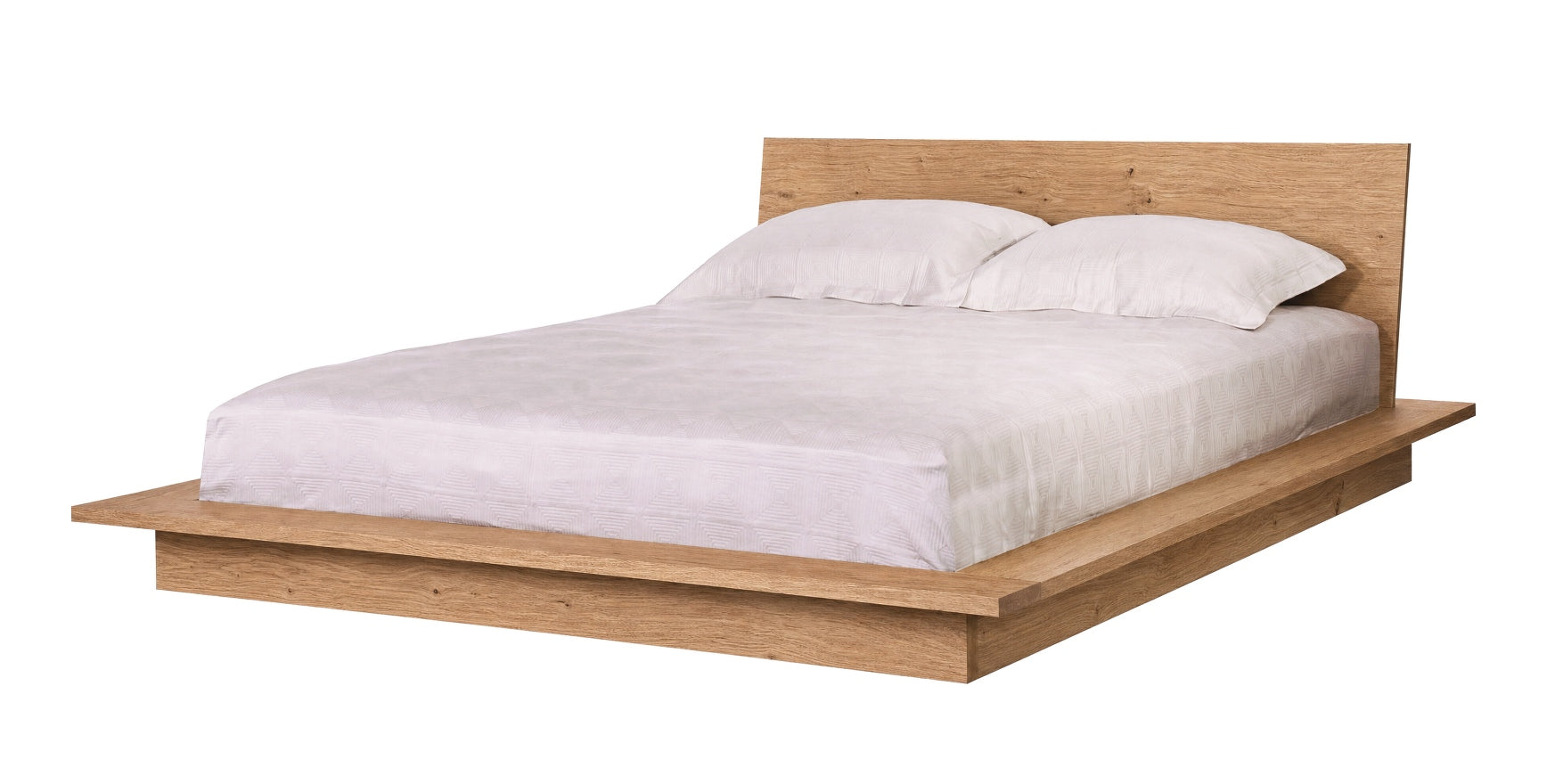 A modern low-profile platform bed with a light Oak wood frame and headboard, dressed in white bedding and two white pillows, shown against a plain white background.