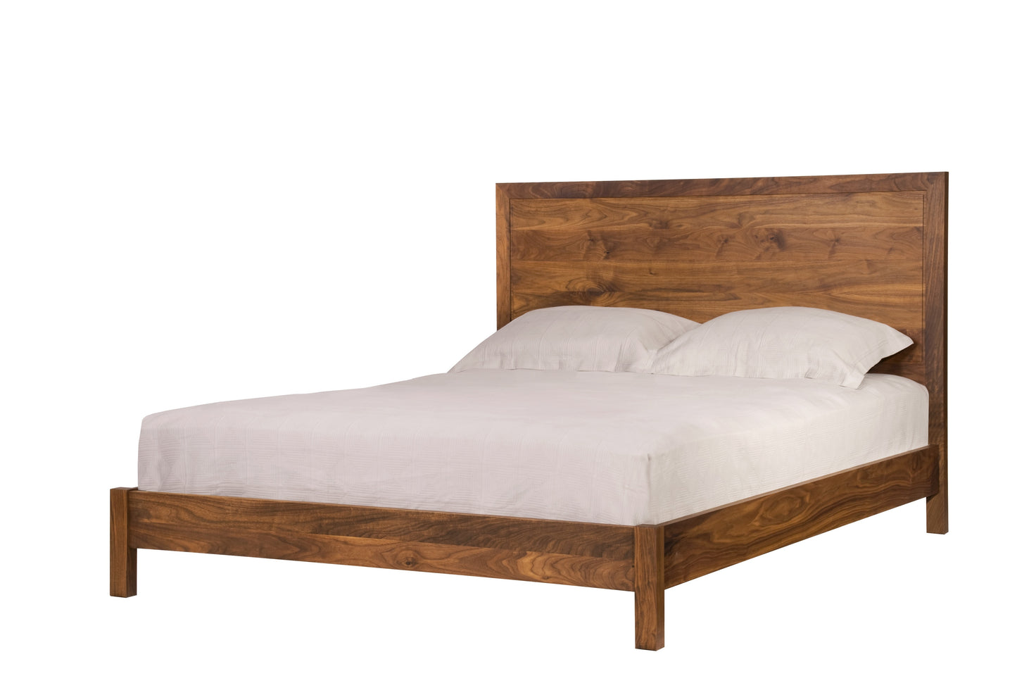 A modern Walnut wooden bed frame with a tall rectangular headboard and matching footboard, shown with white bedding and two pillows on a plain white background.