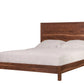A dark Walnut wood bed frame with a tall rectangular headboard and matching footboard, shown with white bedding and two white pillows on a solid white background.
