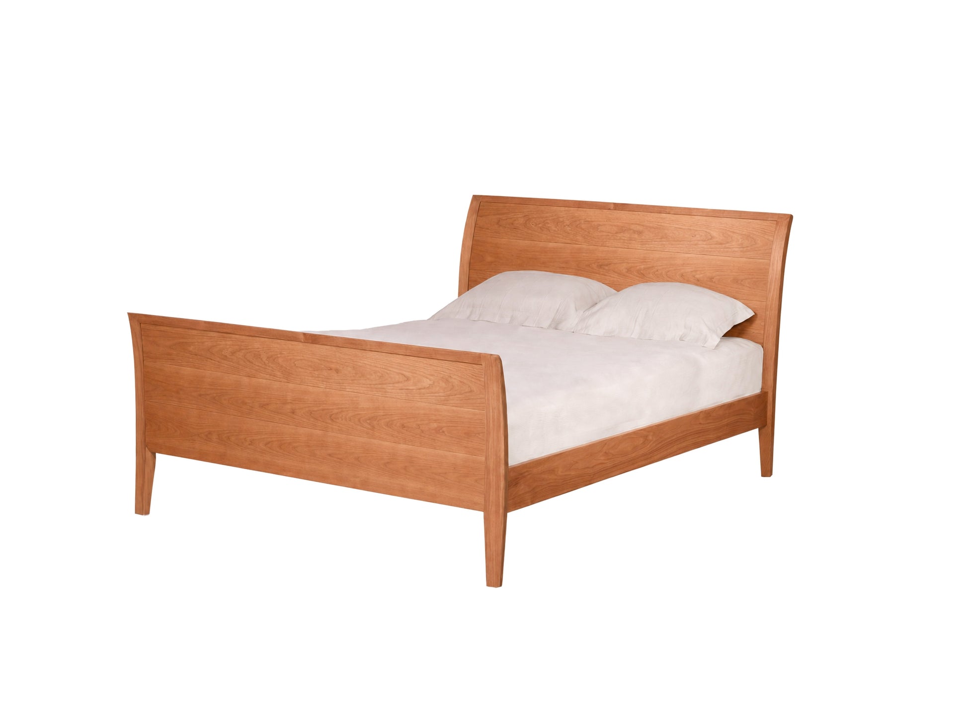 A light Cherry wood bed frame with a curved headboard and footboard, shown with white bedding and two pillows on a solid white background.