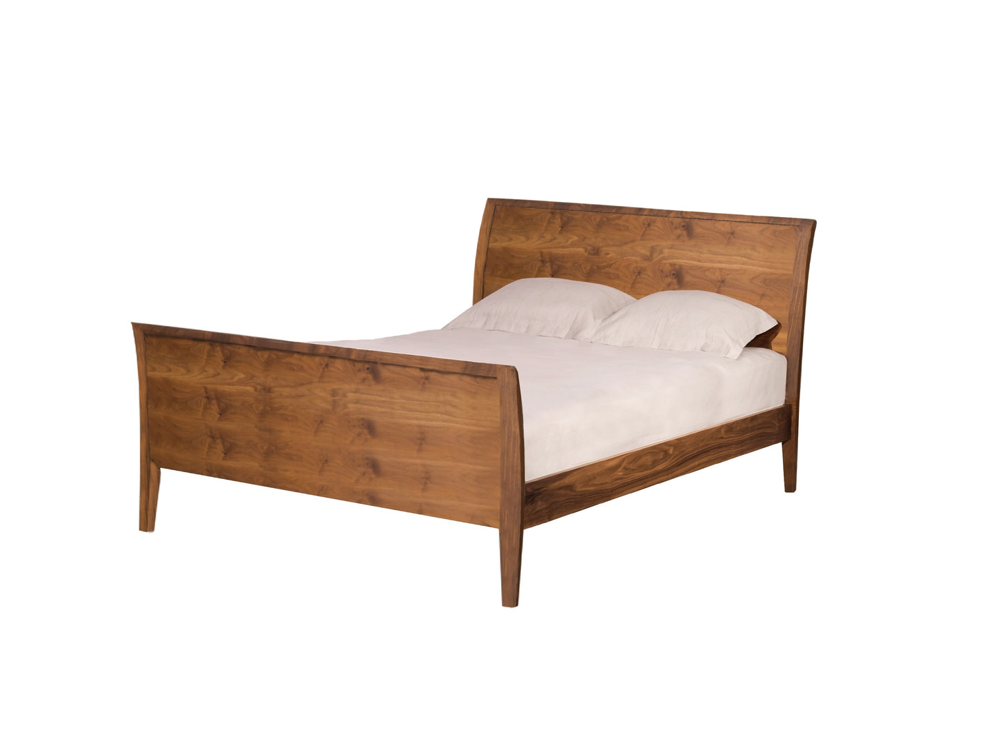 A wooden bed frame with a warm medium-brown finish, shown with white bedding and two pillows against a solid white background.