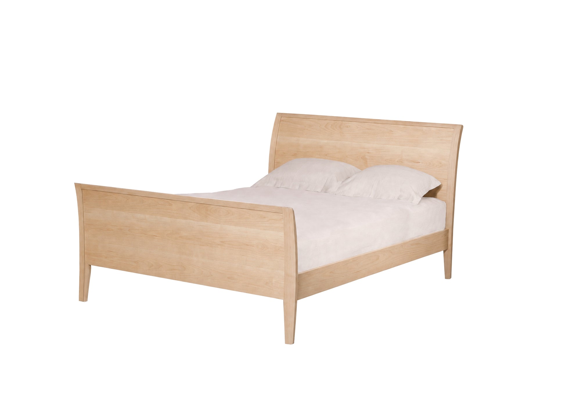 A light natural wood bed frame with a slatted headboard and footboard, shown with white bedding and two pillows on a solid white background.