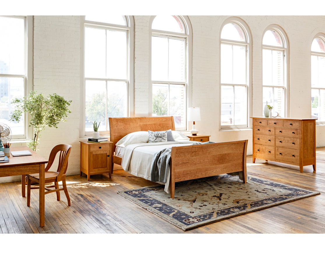 Contemporary Sleigh Bed in Cherry with Dunning Dresser and Nightstands