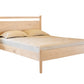 A light Maple wood bed frame with a matching headboard and footboard, shown with a mattress and two pillows on a plain white background.