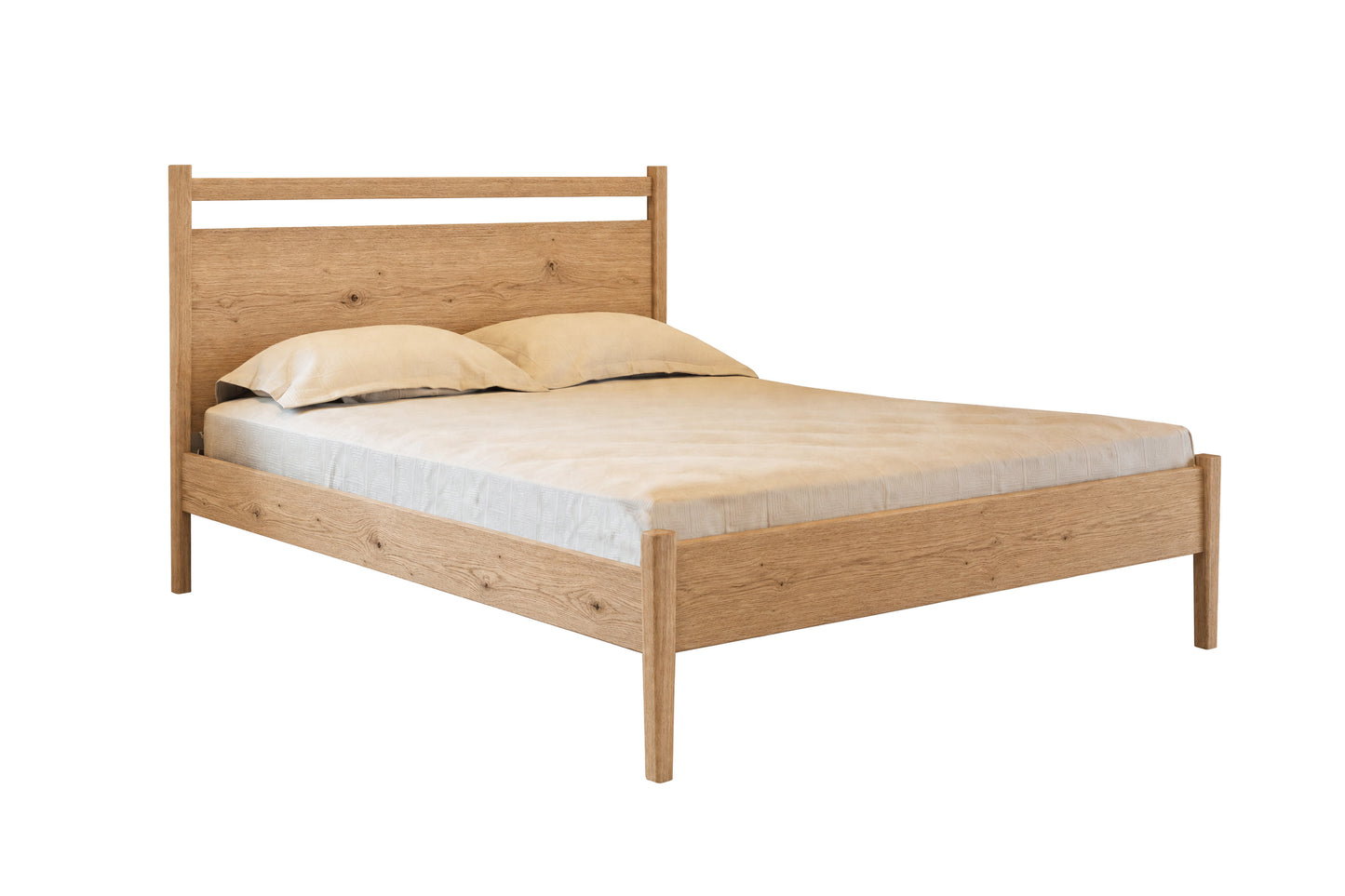 A light oak wood bed frame with a slatted headboard and footboard, shown with a mattress and two pillows on a plain white background.