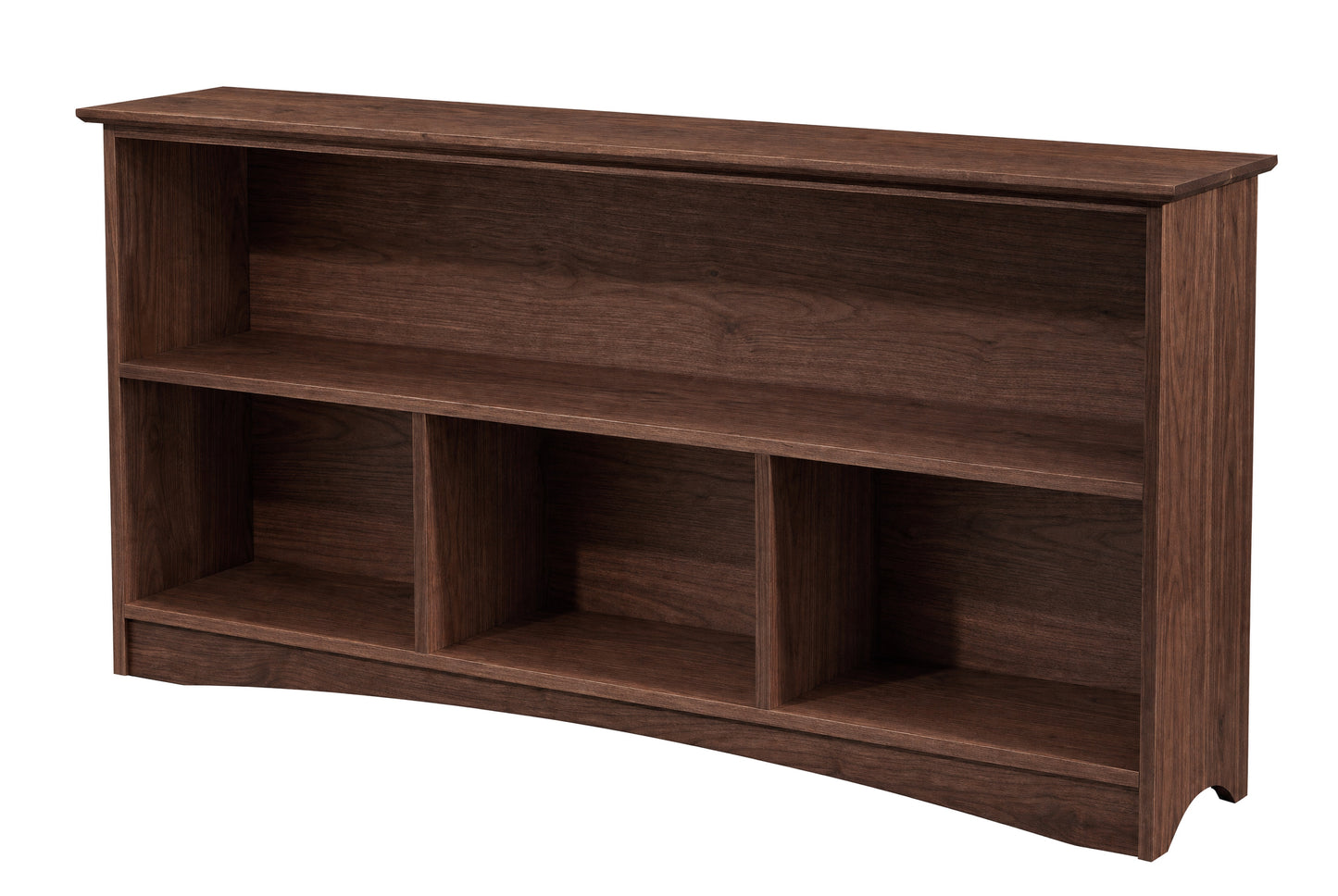 A dark brown wooden bookcase with three open cubby shelves, shown from a three-quarter angle against a plain white background.