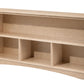 A light natural wood bookcase with three open shelves and three vertical dividers, shown from a three-quarter angle on a white background.