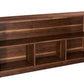 A dark brown wooden bookcase with three open shelves and a slanted top, shown from a three-quarter angle on a white background.