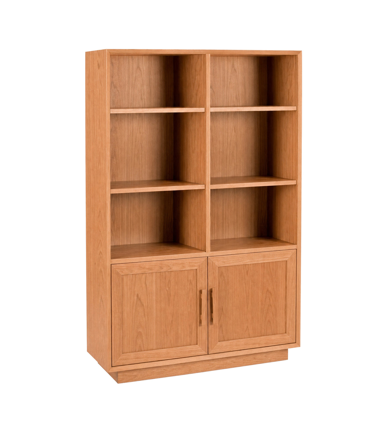 A tall wooden bookcase with a warm Cherry finish, featuring six open shelves on the upper section and two cabinet doors on the lower section, shown against a plain white background.