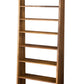 A tall, narrow wooden bookcase with eight shelves, shown from a three-quarter angle on a plain white background.