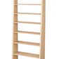 A tall, narrow wooden bookcase with eight open shelves, shown at a slight angle on a plain white background.