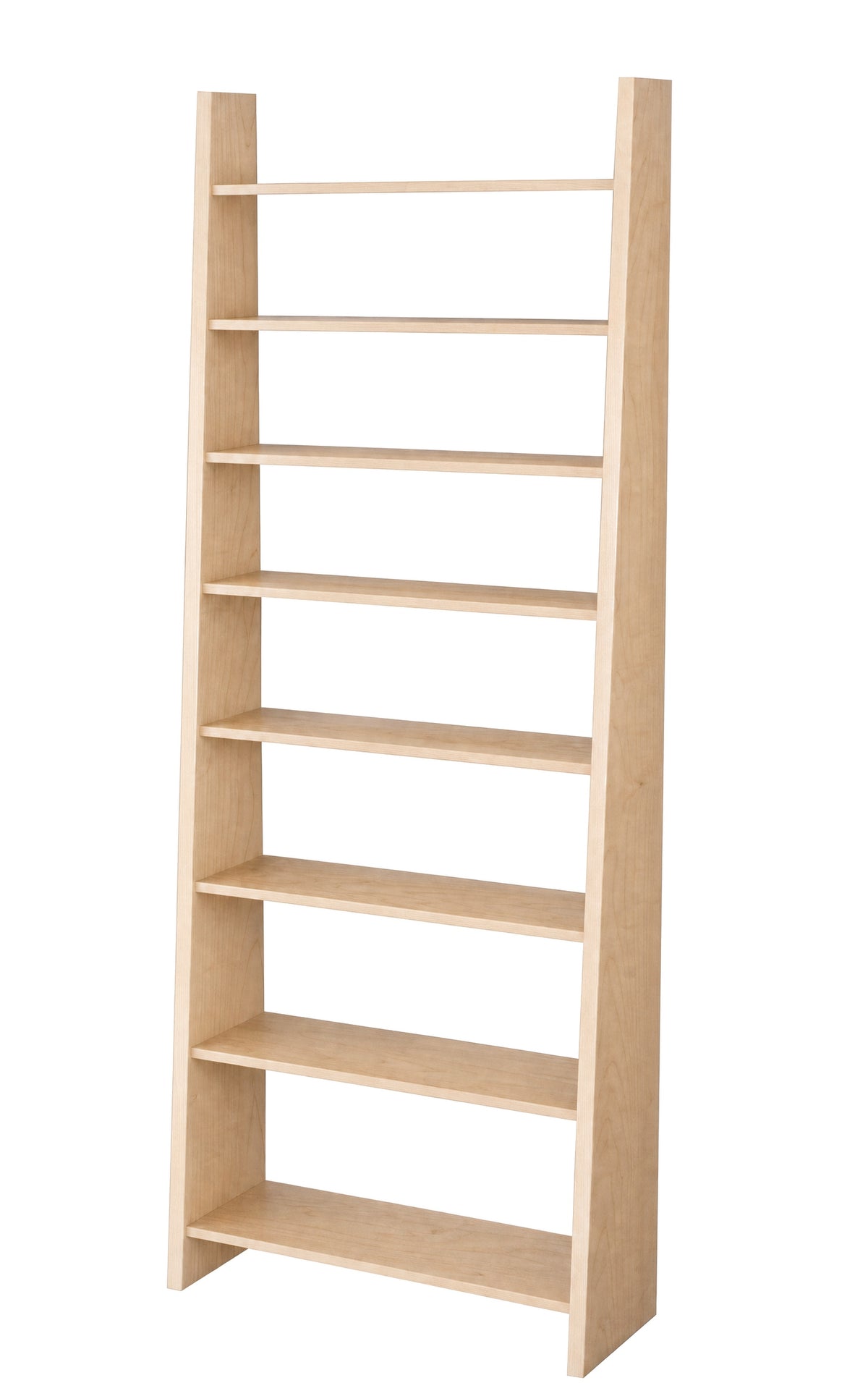 A tall, narrow wooden bookcase with eight open shelves, shown at a slight angle on a plain white background.