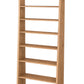 A tall, narrow wooden bookcase with eight shelves, shown from a three-quarter angle on a solid white background.