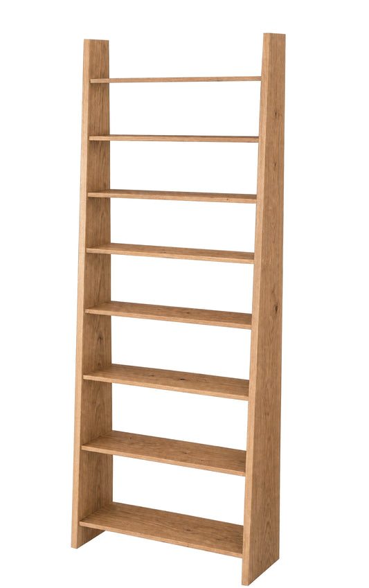 A tall, narrow wooden bookcase with eight shelves, shown from a three-quarter angle on a solid white background.