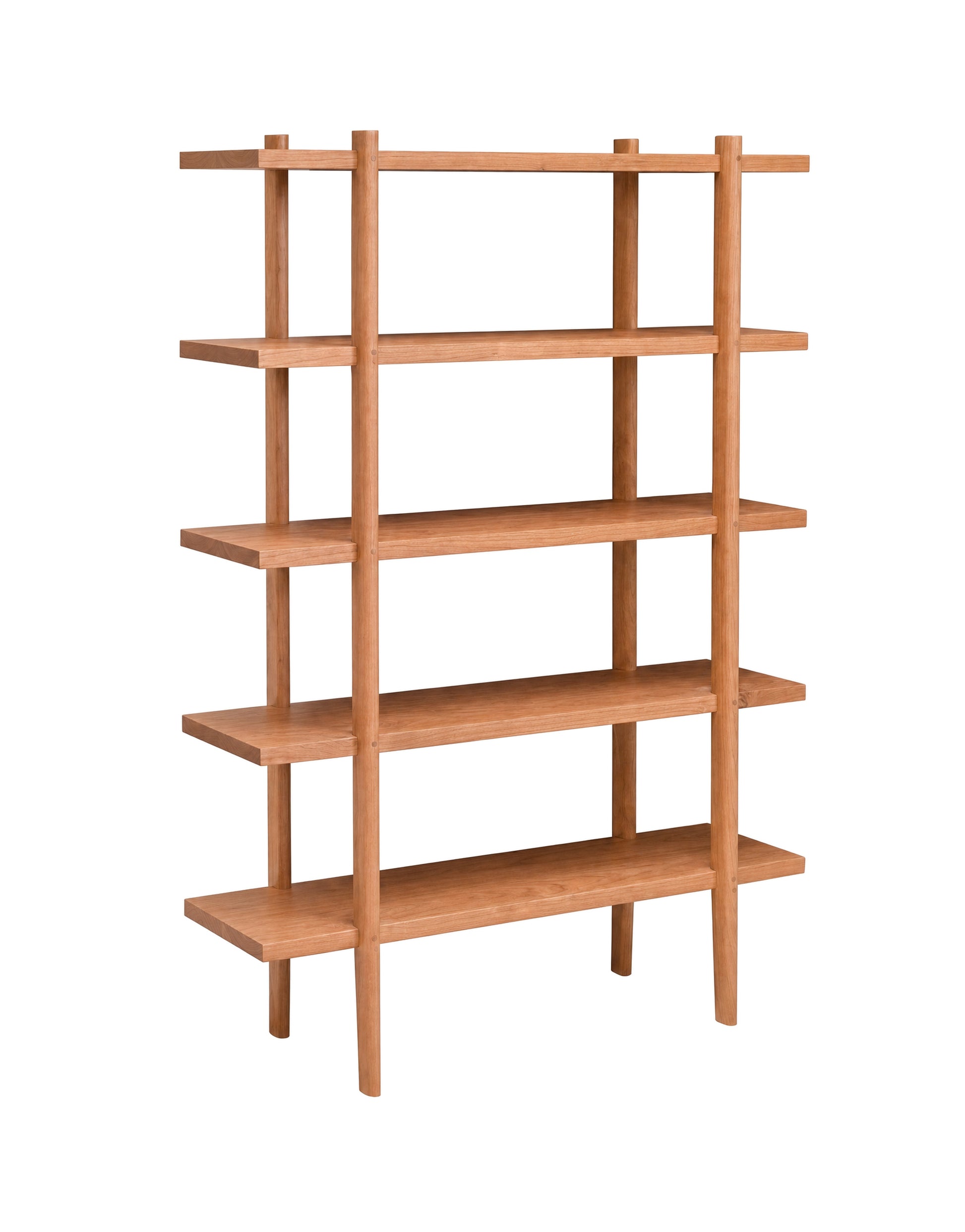 A five-tier wooden bookshelf with a minimalist mid-century modern design, featuring a warm Cherry wood finish and tapered legs, isolated on a white background.