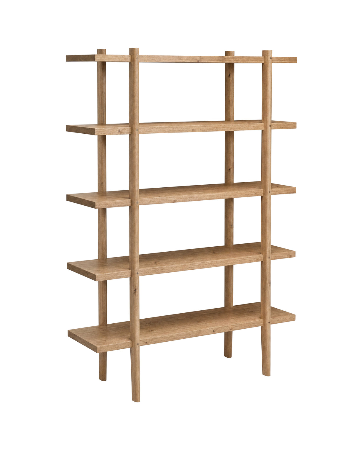 A five-tier wooden bookshelf with a natural oak finish, featuring a minimalist design with tapered legs and open shelving, shown on a solid white background.