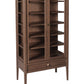 A tall, dark brown wooden display cabinet with glass doors, multiple interior shelves, and a single drawer at the bottom, shown on a plain white background.