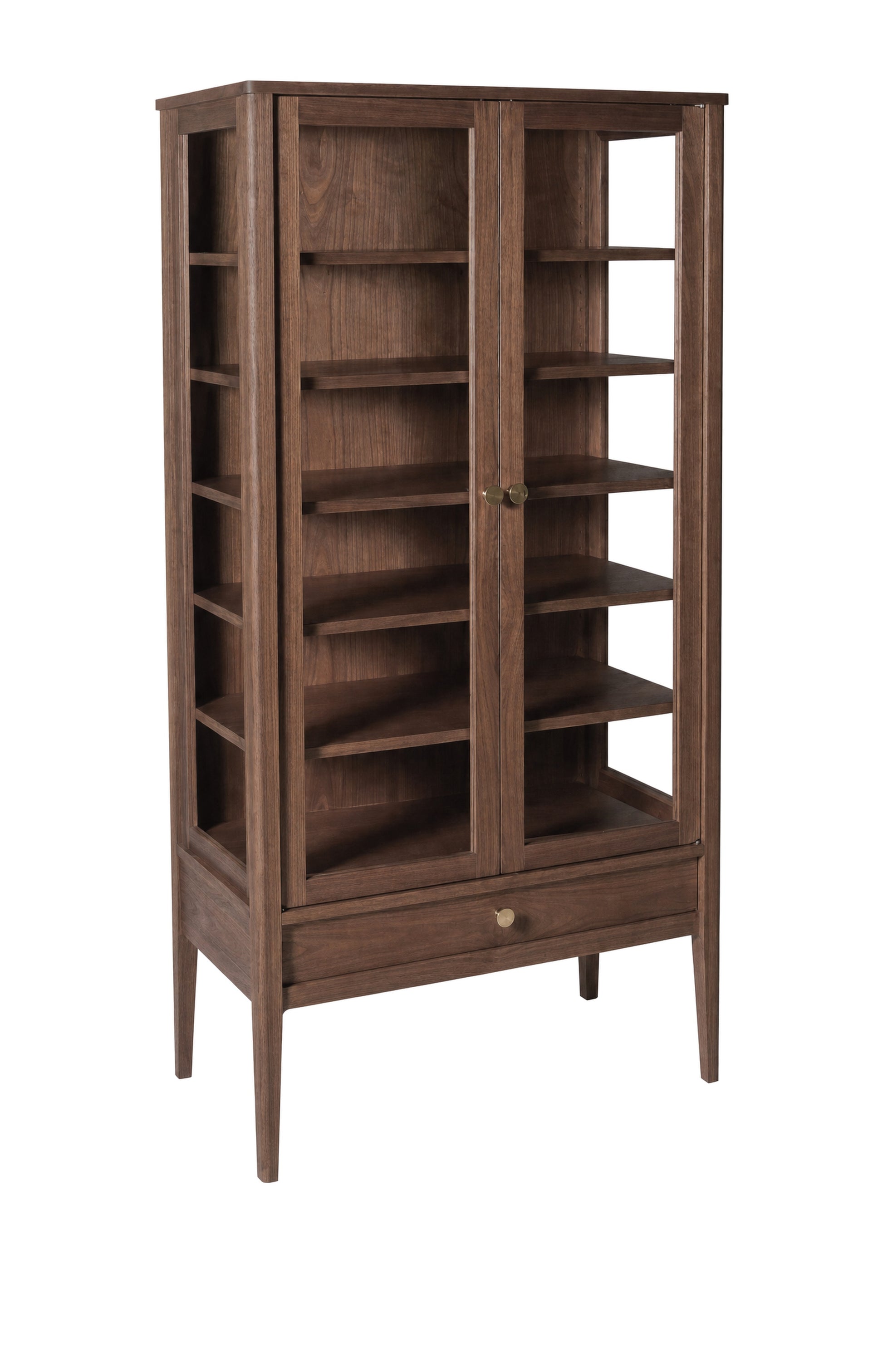 A tall, dark brown wooden display cabinet with glass doors, multiple interior shelves, and a single drawer at the bottom, shown on a plain white background.