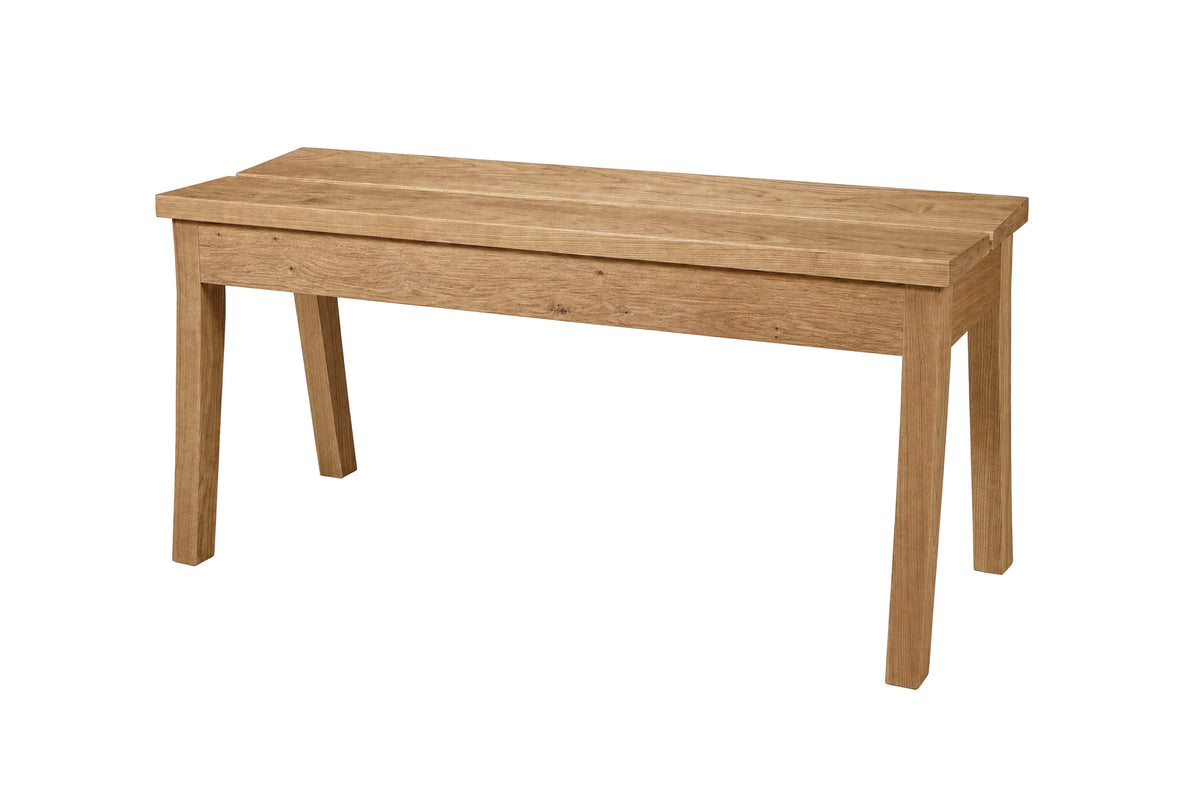 A light oak wood bench with a rectangular top and four legs, shown from a three-quarter angle on a solid white background.