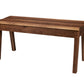 A rustic wooden bench with a slatted top and four legs, shown from a three-quarter angle on a solid white background.