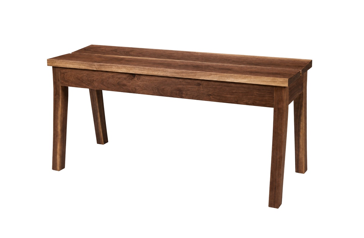 A rustic wooden bench with a slatted top and four legs, shown from a three-quarter angle on a solid white background.