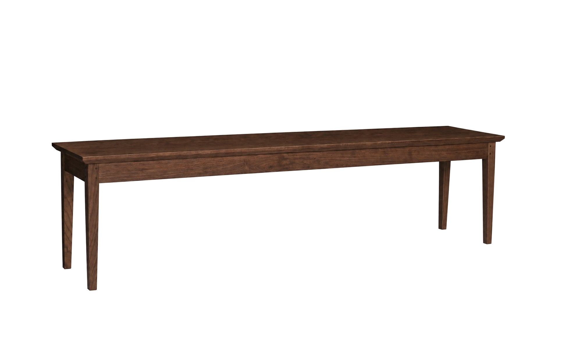 A dark brown wooden bench with a rectangular top and four tapered legs, shown against a plain white background.